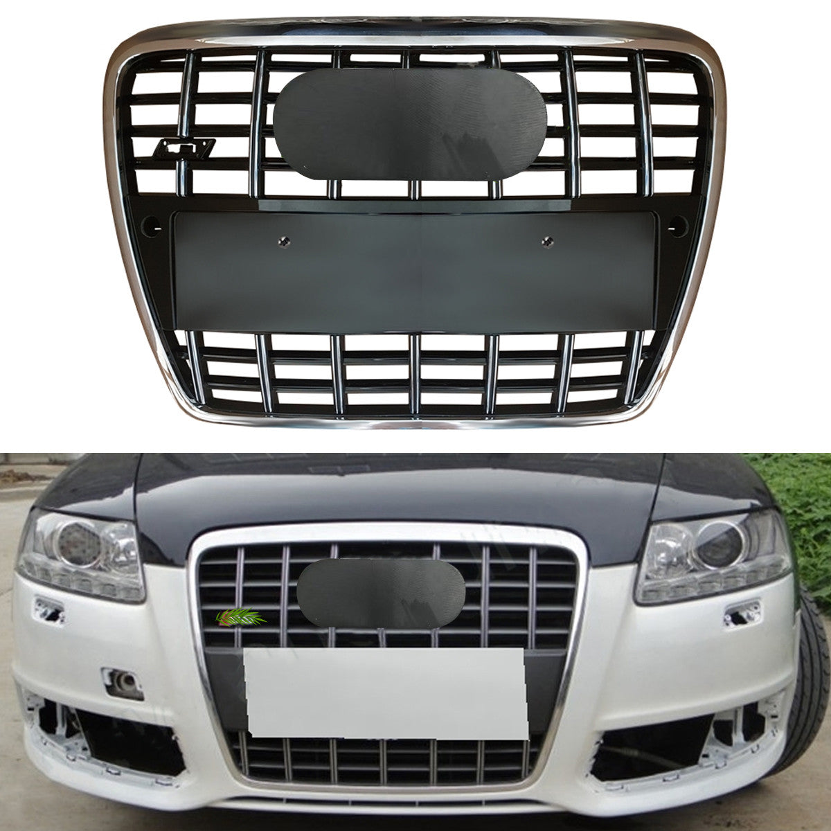 Chrome Bumper Grille Fit for A D A6 2005-2011 Grill Grille with Gloss Black Body