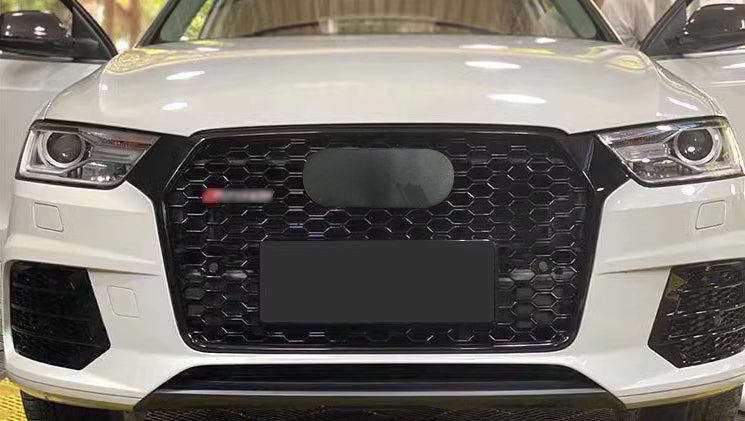 Front Bumper Grille Fit for AD Q3 2016-2018 Mesh Honeycomb Grille with Lower Window Gloss Black
