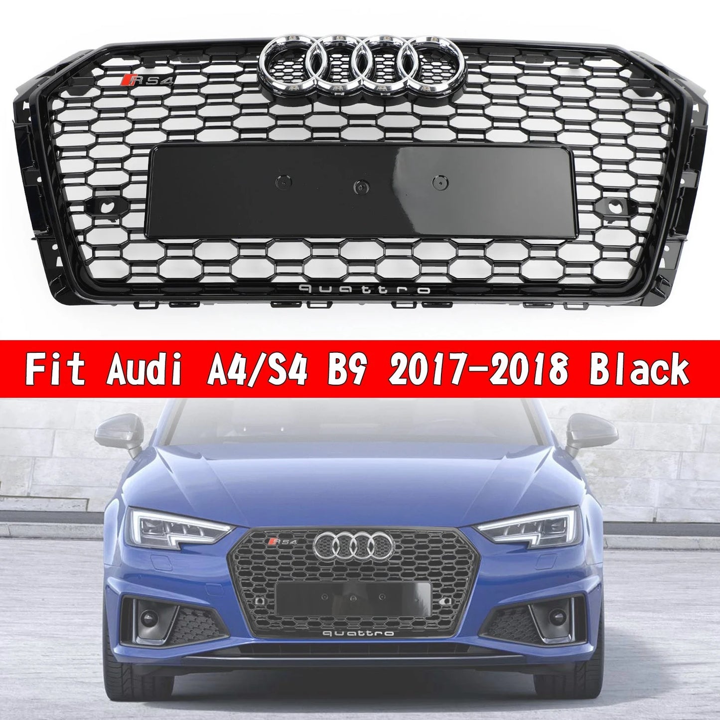 Bumper Grille For 2017-2019 Audi A4/S4 B9 RS4 Style Honeycomb Mesh Hex Grille Black W/ Quattro