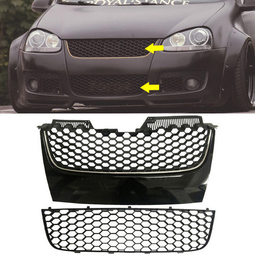 Main Upper&Lower Black W/ Chrome Trim Hex Mesh Grille Fit 06-09 VW Mk5 Jetta GTI