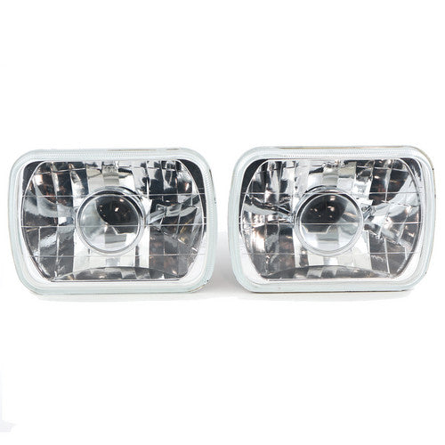 LED 7 Inch Headlight H6054 H4 Semi Glass Lens Black Chrome Diamond  Lamps 2pcs