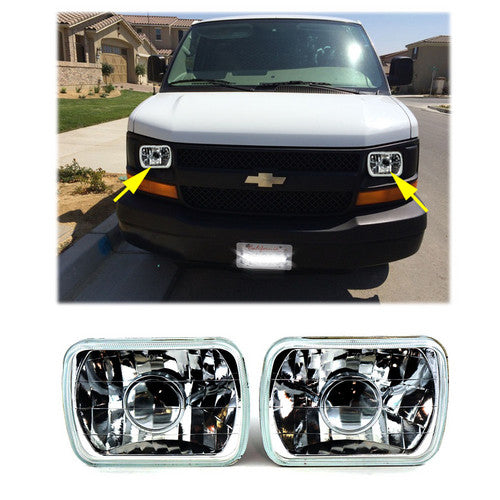 LED 7 Inch Headlight H6054 H4 Semi Glass Lens Black Chrome Diamond  Lamps 2pcs