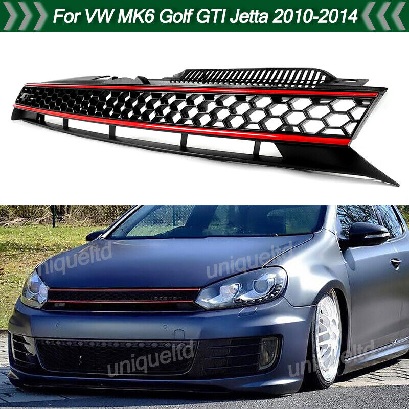 For VW MK6 Golf GTI 2010-2014 Badgeless Honeycomb Mesh Grille Replace Black+Red