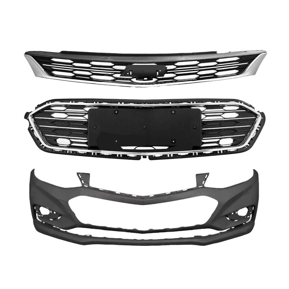 Front Upper and Lower Grille & Front Bumper Cover Fit For 2016-2018 Chevy Cruze