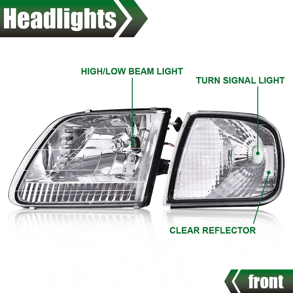 Clear Chrome Headlights & Corner Lights Fit For 1997-2003 Ford F150 Expedition