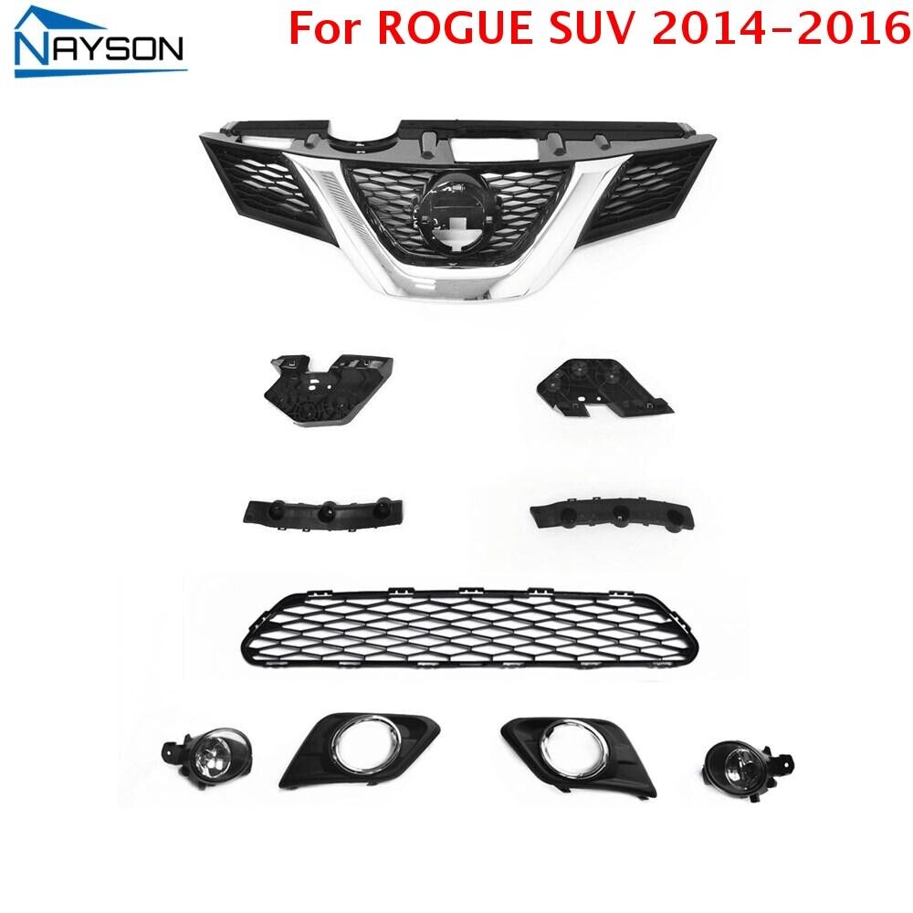 10PC For ROGUE 2014-2016 Front Bumper Brackets + Upper & Lower Grille + Fog lamp