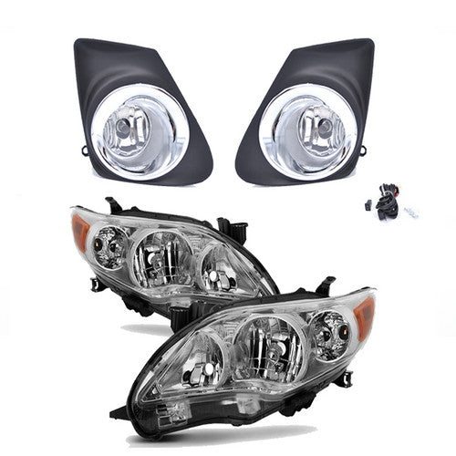 For 2011 2012 2013 Toyota Corolla Chrome Housing Headlight and Fog Lights Pair