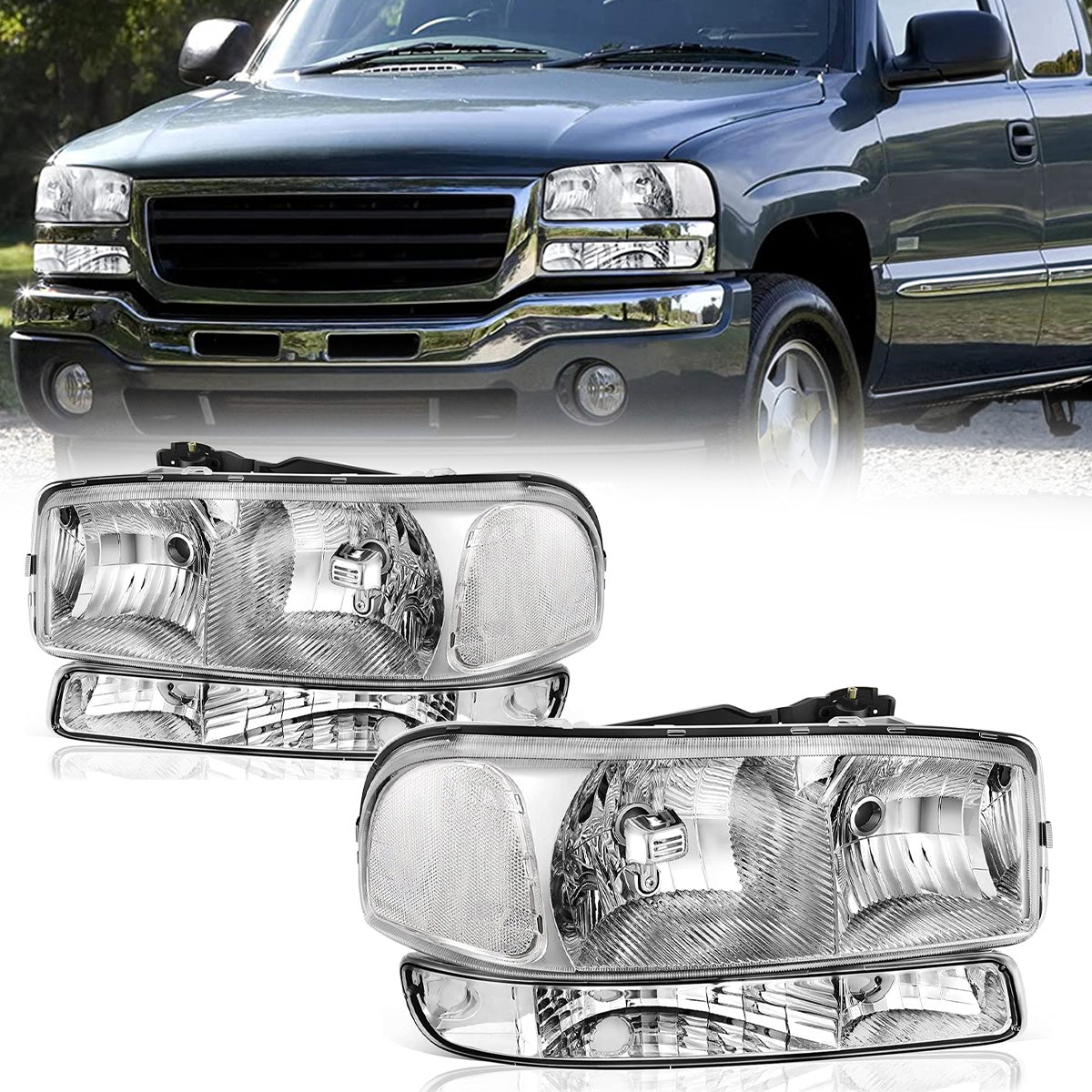 Headlights Assemby For 1999-2007 GMC Sierra 1500/2000-2006 Yukon Chrome Headlamp