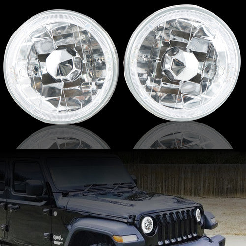 5-3/4" Inch Chrome Round Clear Lens White Halo Headlights Conversion Head Lamps