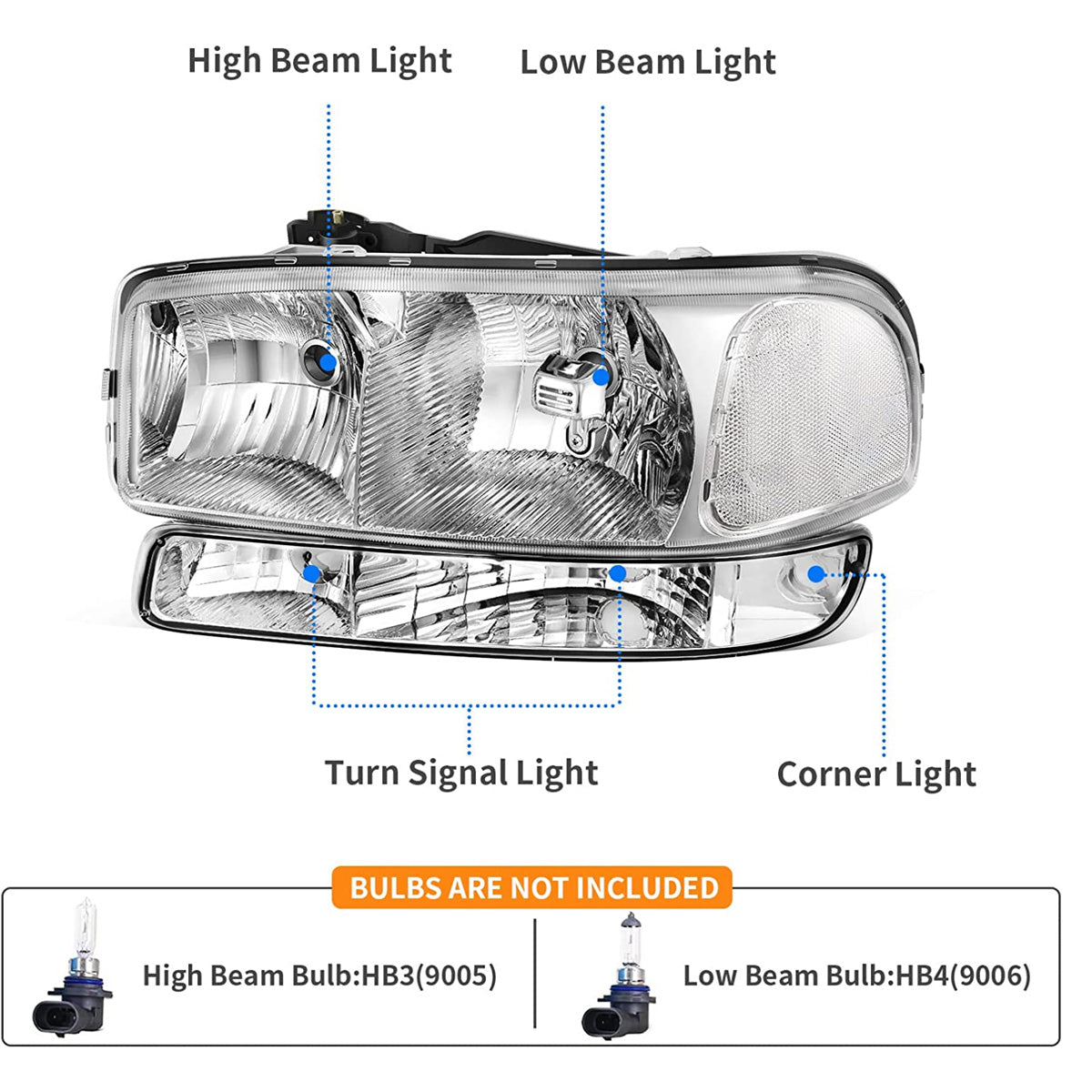 Headlights Assemby For 1999-2007 GMC Sierra 1500/2000-2006 Yukon Chrome Headlamp
