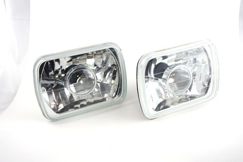 LED 7 Inch Headlight H6054 H4 Semi Glass Lens Black Chrome Diamond  Lamps 2pcs