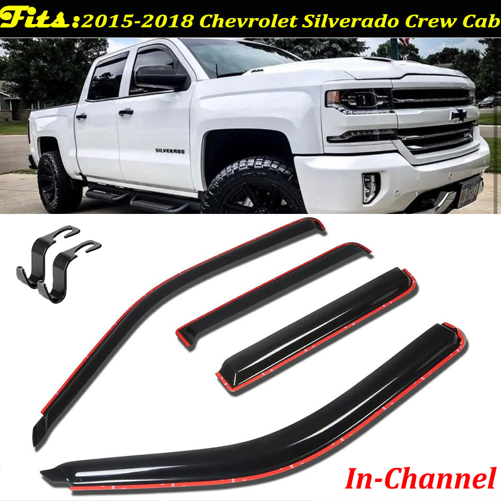 Window Visor For 2015-2018 Chevrolet Silverado Crew Cab In-Channel W/2pcs Hooks