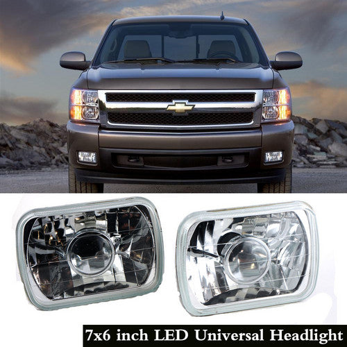 LED 7 Inch Headlight H6054 H4 Semi Glass Lens Black Chrome Diamond  Lamps 2pcs