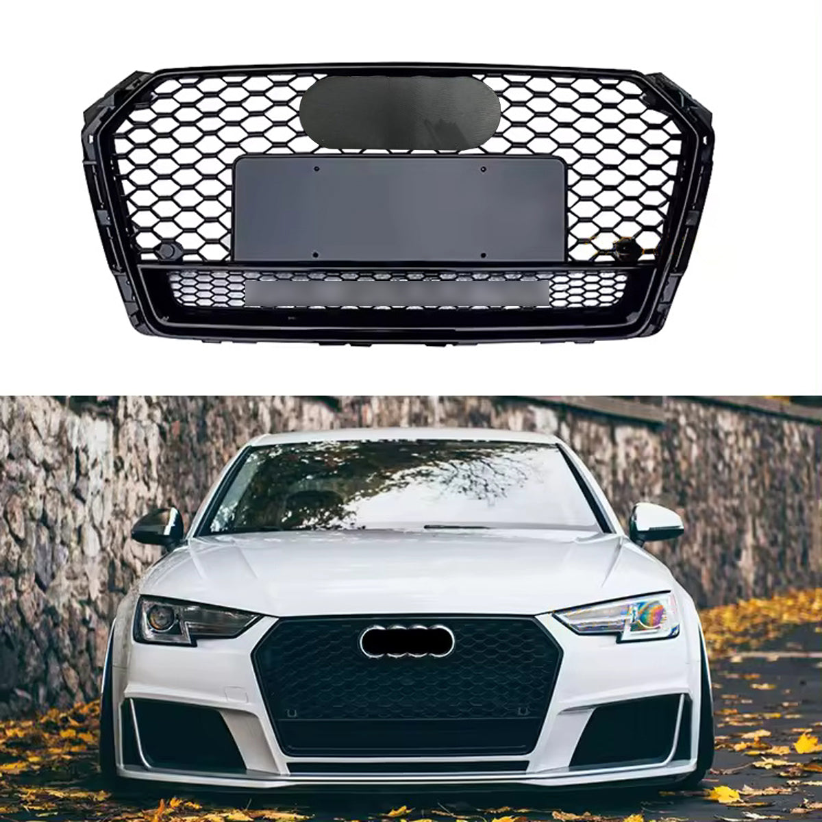 Bumper Grille Fit for A D A4 2017-2019 Honeycomb Grille Full Gloss Black Body with emblem