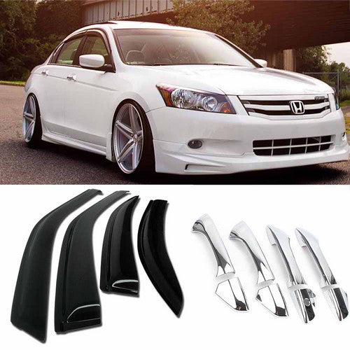 Fit 2008-2012 Honda Accord Sedan Window Visor Deflector+Chrome Door Handle Cover