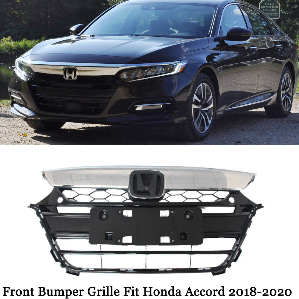 Fits 2018-2020 Honda Accord Front Chrome Upper Grille+Black Lower Bumper Grill