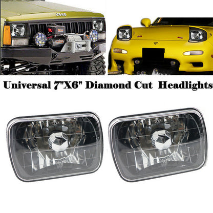 Universal 7"X6" Diamond Cut Black Halogen Sealed Beam Headlights Headlamps