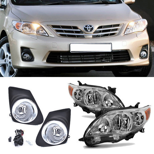 For 2011 2012 2013 Toyota Corolla Chrome Housing Headlight and Fog Lights Pair