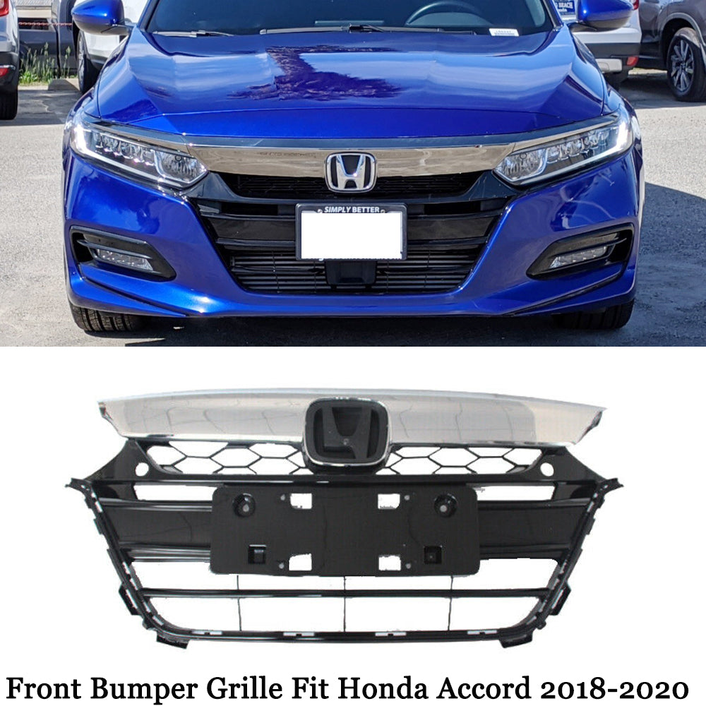 Fits 2018-2020 Honda Accord Front Chrome Upper Grille+Black Lower Bumper Grill