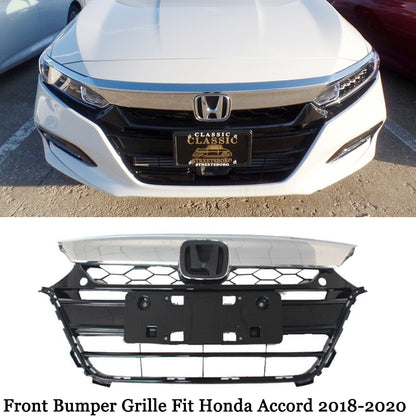 Fits 2018-2020 Honda Accord Front Chrome Upper Grille+Black Lower Bumper Grill