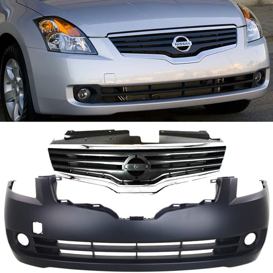 For 2007 2008 2009 Nissan Altima Front Bumper Cover & Chrome Grille 2pc Kit