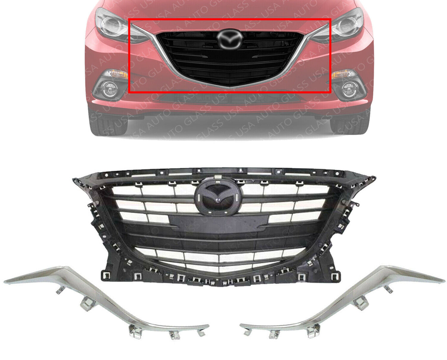 New Grille Textured + Set of 2 Side Grille Chrome Moldings For 2014-2016 Mazda 3