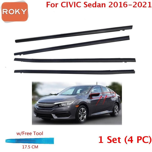 For CIVIC Sedan 2016-2021 Window WeatherStrip 4 PC Sweep Belt Outer Black w/Tool