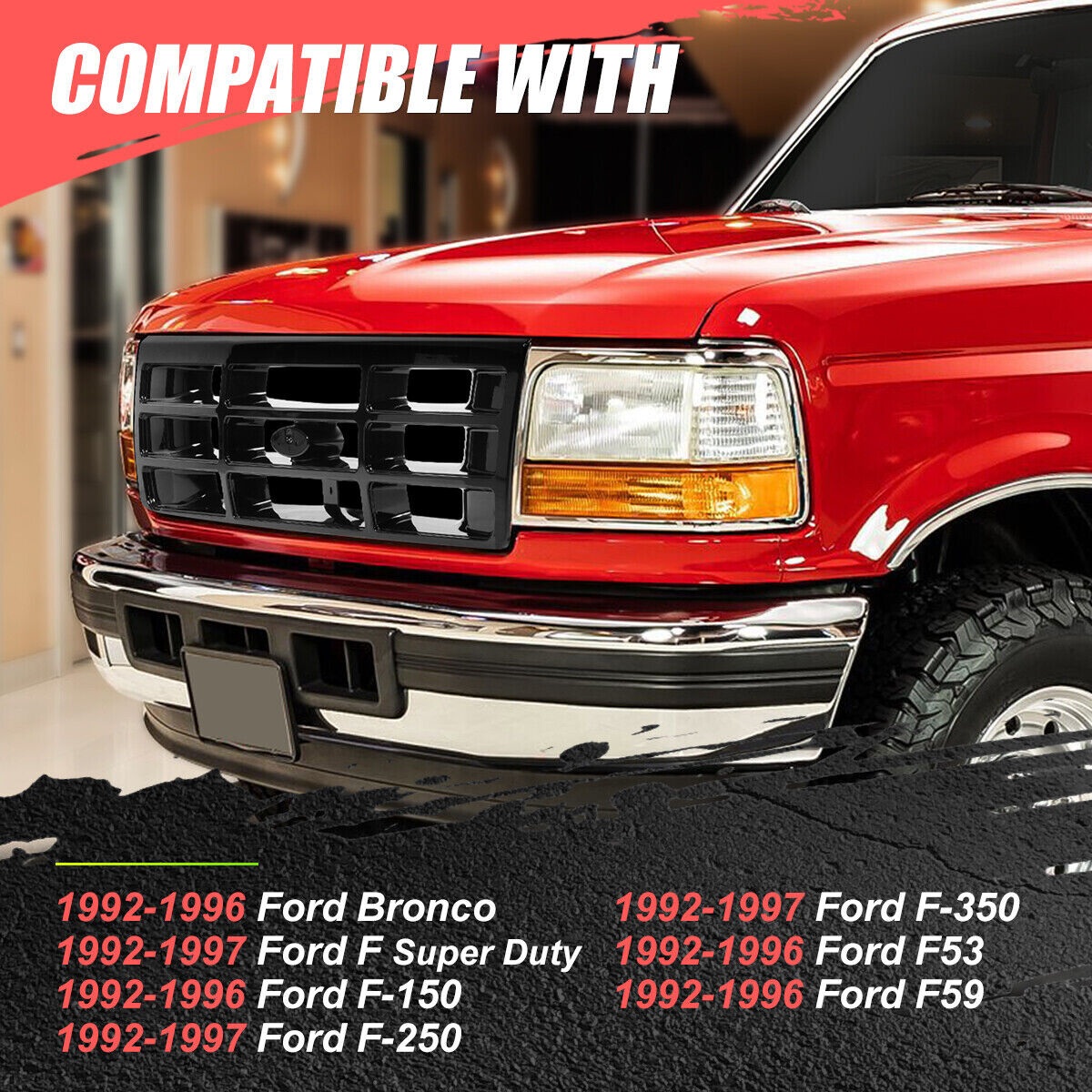 Factory Style Front Bumper Grille for Bronco F150 F250 F350 F53 F59 92-97 Black