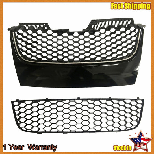 Main Upper&Lower Black W/ Chrome Trim Hex Mesh Grille Fit 06-09 VW Mk5 Jetta GTI