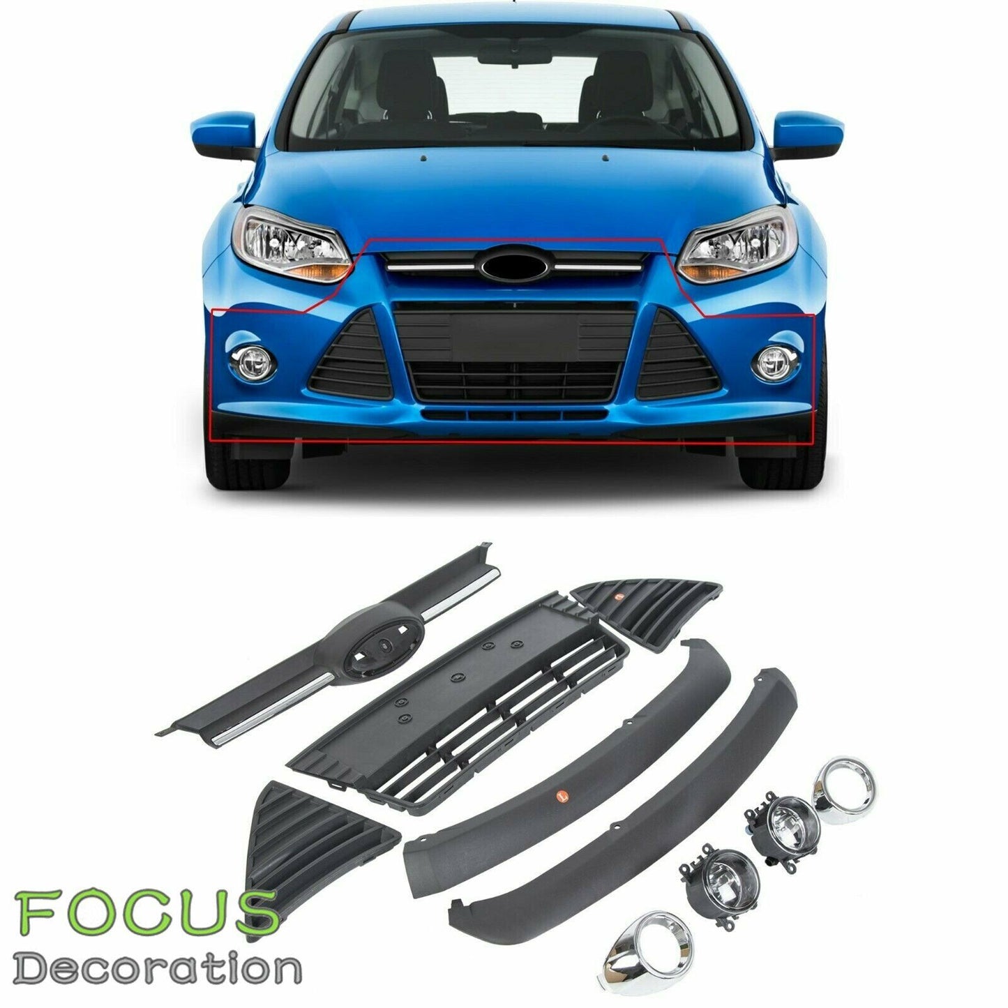 For 2012/2013/2014 Ford Focus Front Bumper Grill Cover Assembly Fog Lights Kit