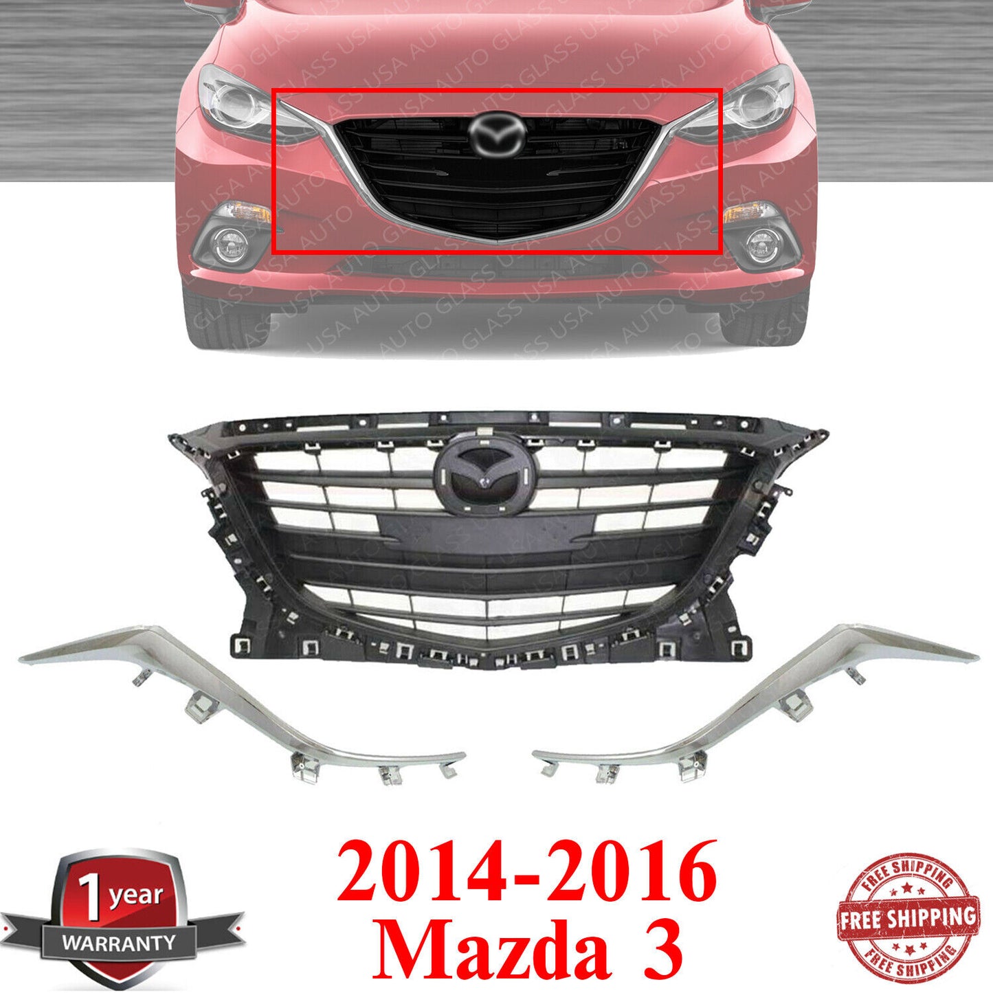 New Grille Textured + Set of 2 Side Grille Chrome Moldings For 2014-2016 Mazda 3