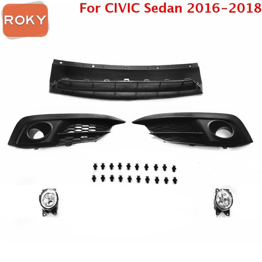 5PC For 2016-2018 CIVIC Sedan Front Bumper Lower Grille & Fog lights Kit