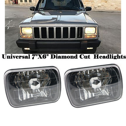 Universal 7"X6" Diamond Cut Black Halogen Sealed Beam Headlights Headlamps