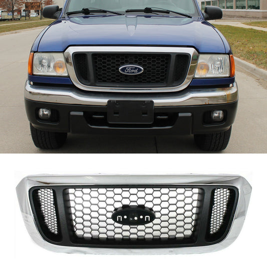 Front bumper Upper Grille Grill w/Chrome Trim For 2004 2005 Ford Ranger