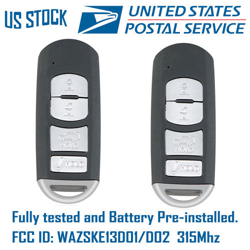 2pcs Remote Key Fob WAZSKE13D01/D02 315Mhz For 2016 - 2019 Mazda CX-5 CX-9 SUV